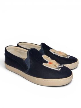 Anthropologie Soludos Navy Blue Velvet Llama Embroidered Slip On Sneakers Size 8
